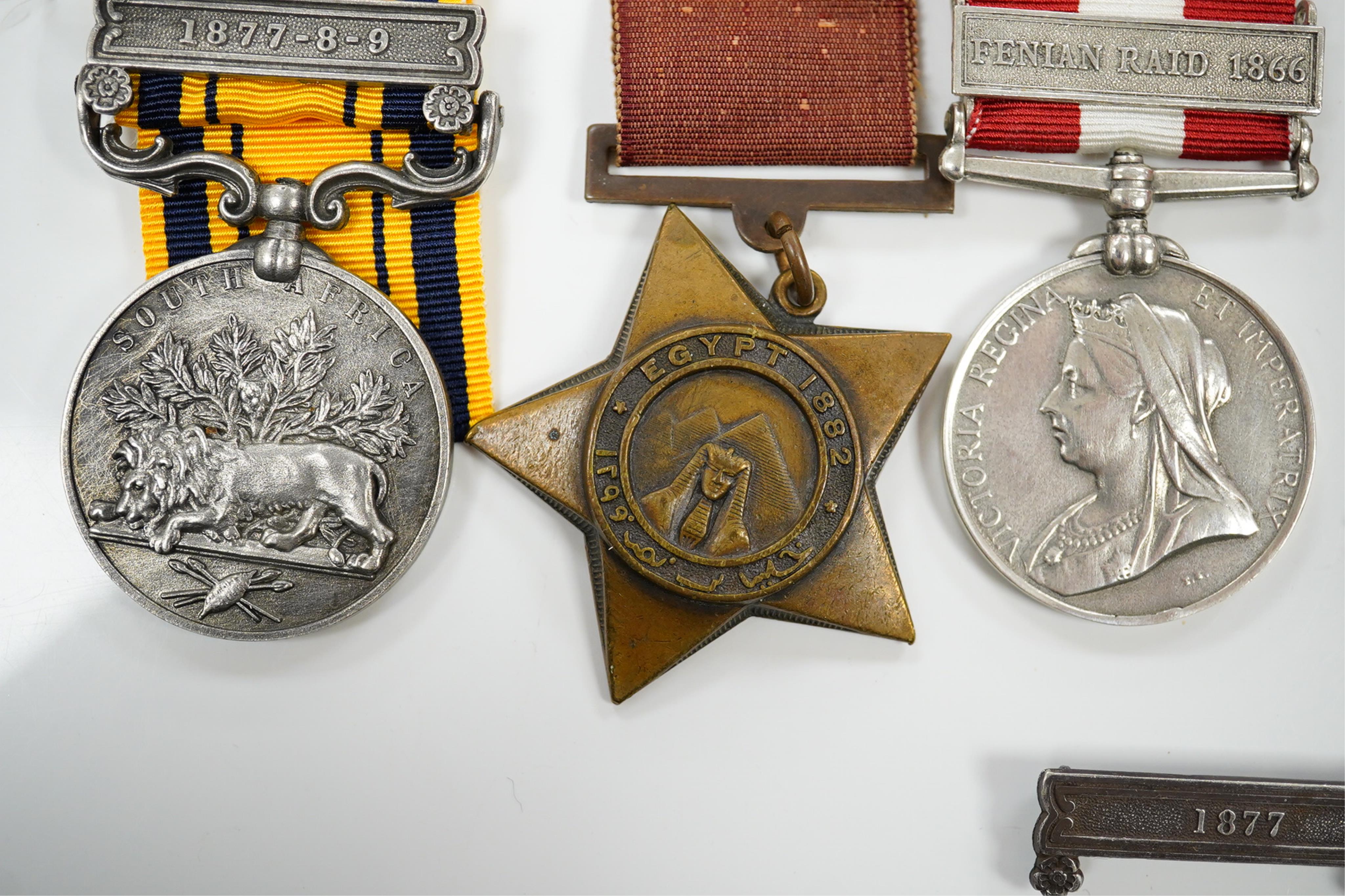 Five replica medals; Khedive's Star 1882, another undated with clasp and a third, 1884 lacking bar, Canada General Service with Fentan Raid 1866 clasp and South Africa medal with 1877-8-9 clasp and a spare 1877 clasp.